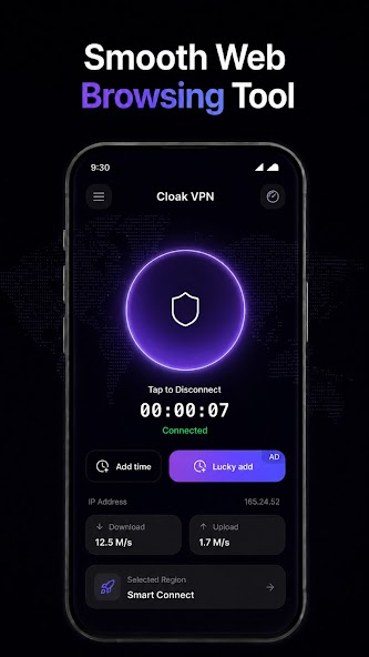Cloak VPN connected screen with browsing timer and speed details